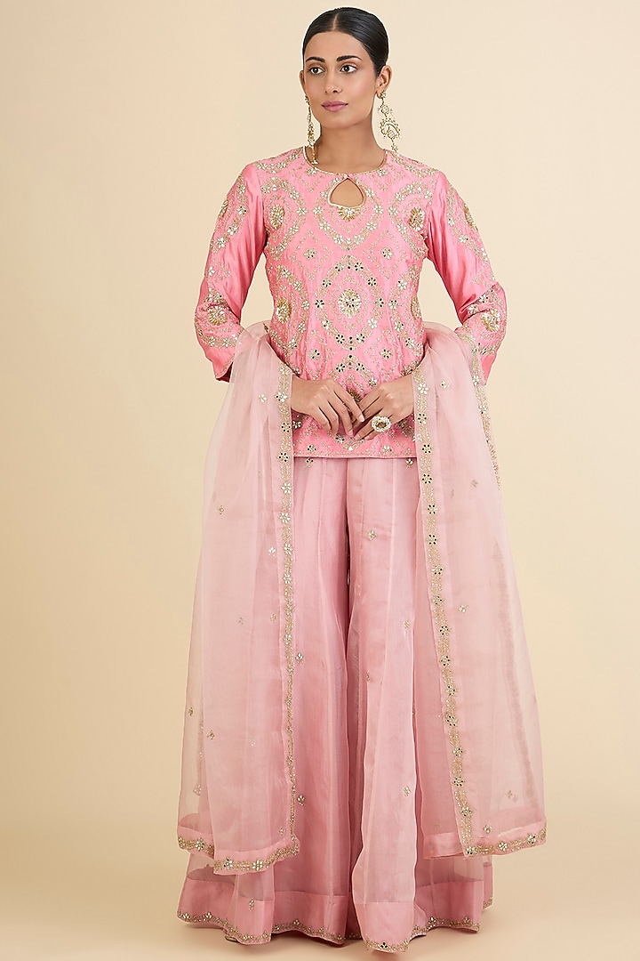 Raspberry Pink Spun Silk Mirror Embroidered Wedding Sharara Set by Surbhi Shah at Pernia's Pop Up Shop