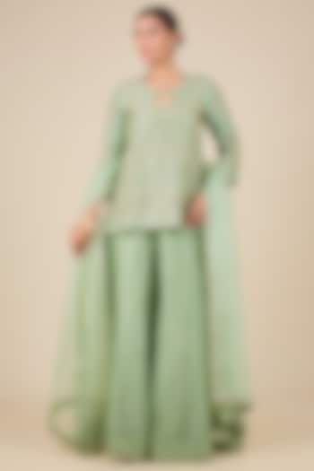 Mint Green Tissue Kalidar Wedding Sharara Set by Surbhi Shah at Pernia's Pop Up Shop