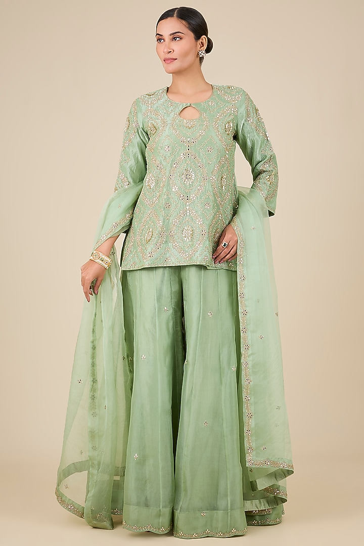 Mint Green Tissue Kalidar Wedding Sharara Set by Surbhi Shah at Pernia's Pop Up Shop