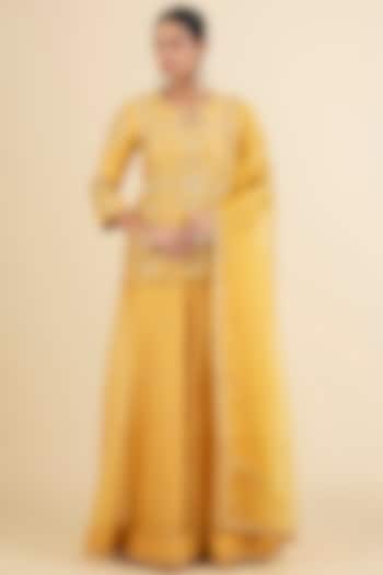 Pastel Mango Spun Silk Mirror Embroidered Wedding Sharara Set by Surbhi Shah at Pernia's Pop Up Shop