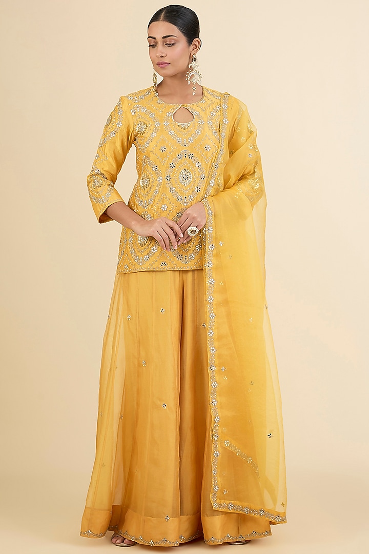 Pastel Mango Spun Silk Mirror Embroidered Wedding Sharara Set by Surbhi Shah at Pernia's Pop Up Shop