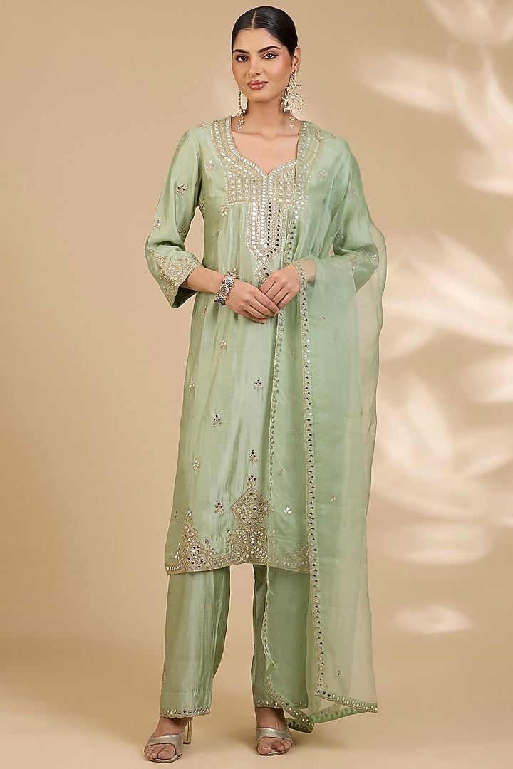 Pistachio Green Spun Silk Mirror Work Kurta Set by SURBHI SHAH at Pernia's Pop Up Shop