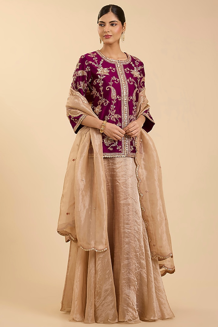 Beige Tissue Skirt Set by Surbhi Shah at Pernia's Pop Up Shop