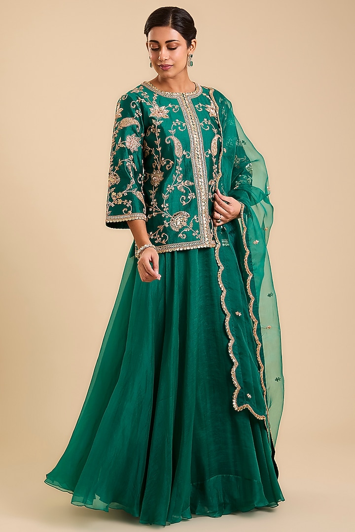 Emerald Green Tissue Skirt Set by SURBHI SHAH at Pernia's Pop Up Shop