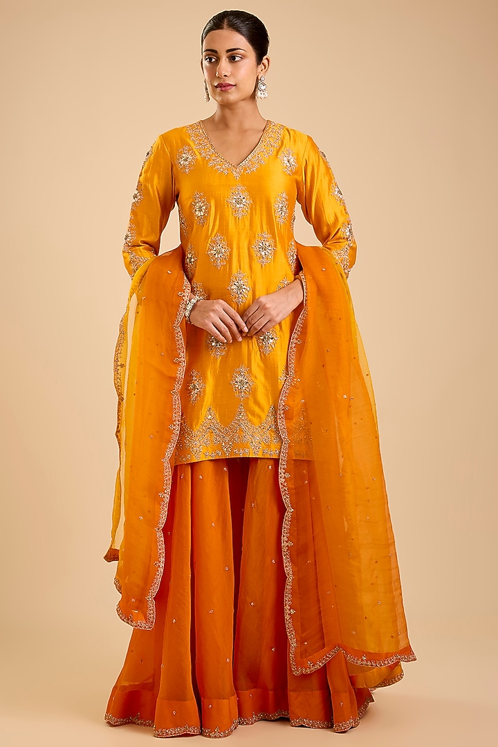 Orange Organza Marori & Mukaish Work Bridal Sharara Set by SURBHI SHAH at Pernia's Pop Up Shop