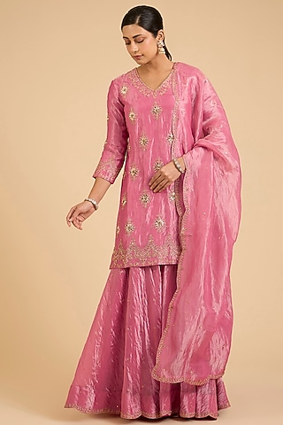 Pink Tissue Sharara Set by SURBHI SHAH