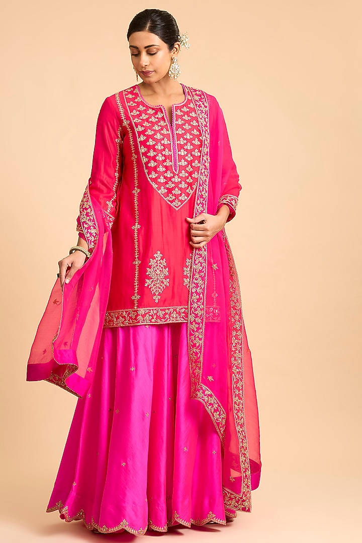 Hot Pink Spun Silk Bridal Sharara Set by Surbhi Shah at Pernia's Pop Up Shop
