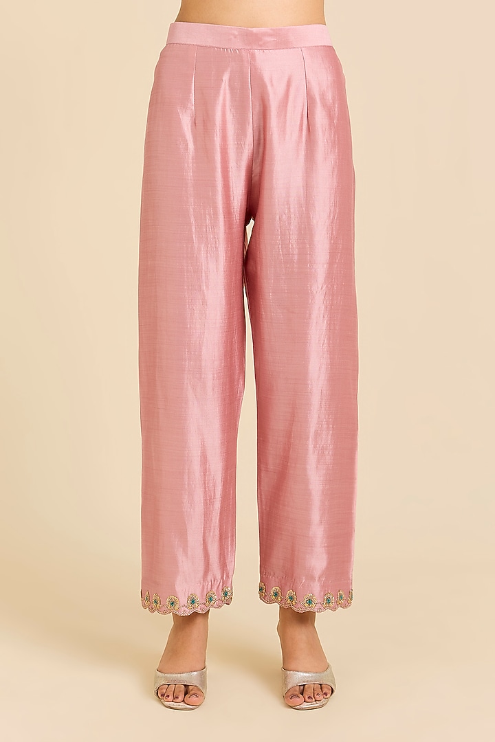 Rose Gold Spun Silk Resham Embroidered Kurta Set by SURBHI SHAH at Pernia's Pop Up Shop