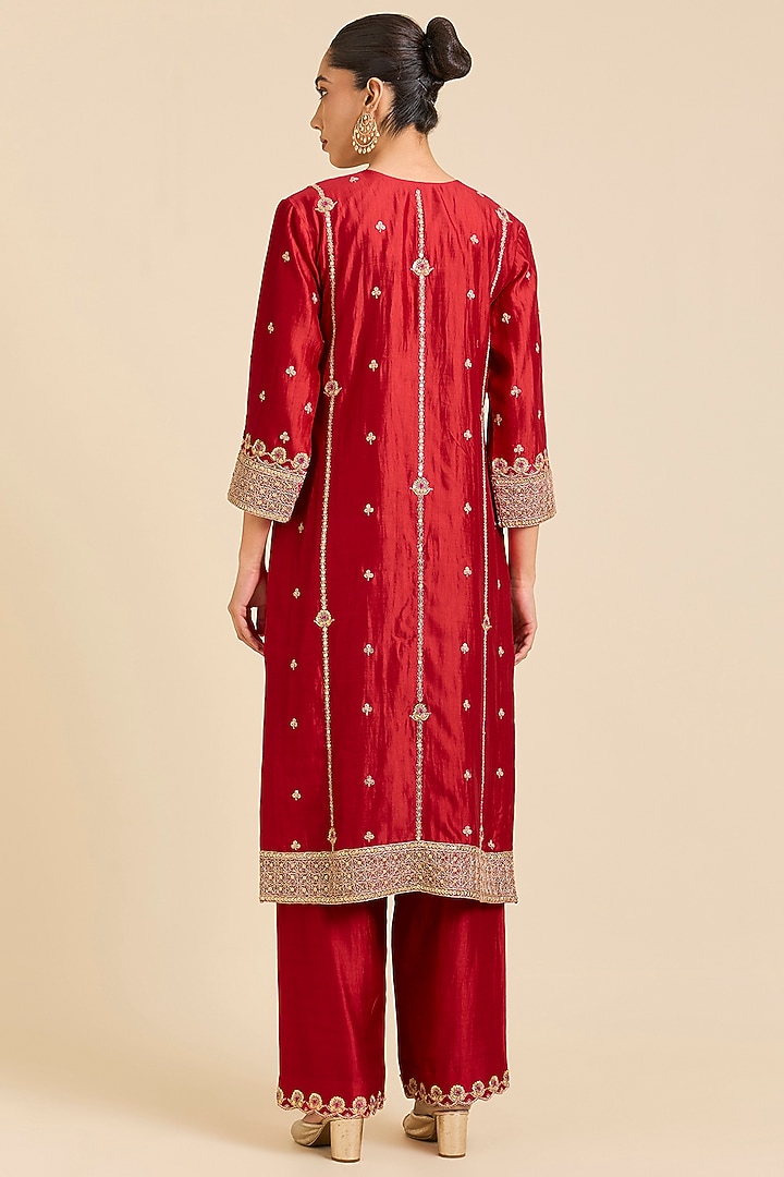 Red Spun Silk Resham Embroidered Kurta Set by SURBHI SHAH at Pernia's Pop Up Shop