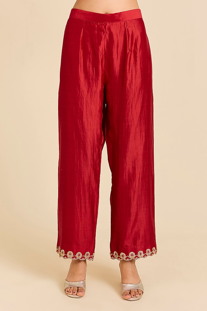 Red Spun Silk Resham Embroidered Kurta Set by SURBHI SHAH at Pernia's Pop Up Shop