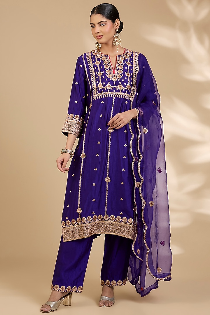 Purple Spun Silk Resham Work Kurta Set by SURBHI SHAH at Pernia's Pop Up Shop