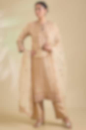 Beige Spun Silk Marori Embroidered Kurta Set by SURBHI SHAH at Pernia's Pop Up Shop