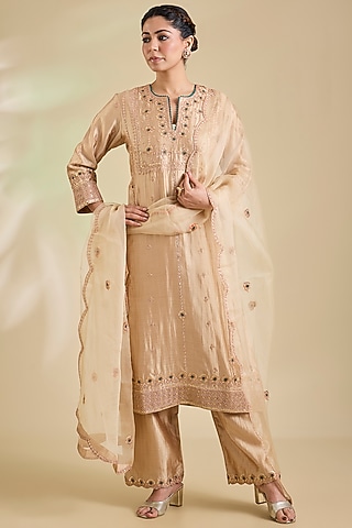 Beige Spun Silk Marori Embroidered Kurta Set by SURBHI SHAH