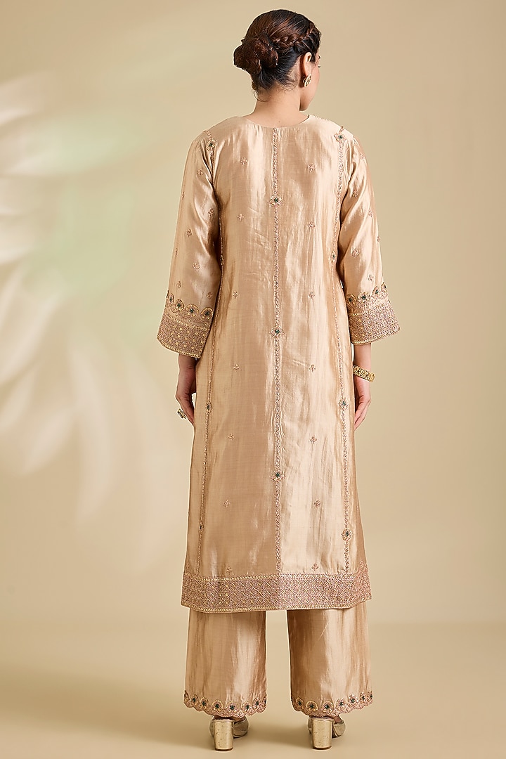 Beige Spun Silk Marori Embroidered Kurta Set by SURBHI SHAH at Pernia's Pop Up Shop