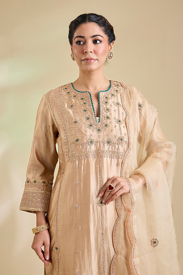 Beige Spun Silk Marori Embroidered Kurta Set by SURBHI SHAH at Pernia's Pop Up Shop