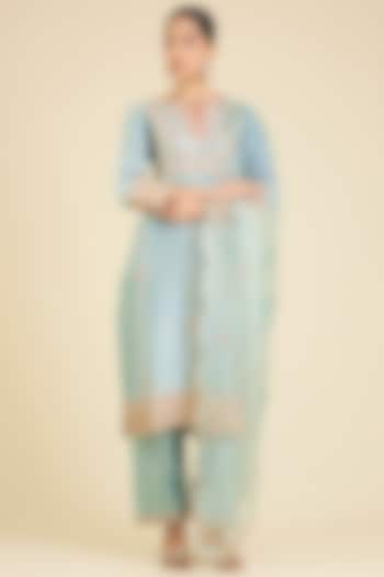 Sea Blue Spun Silk Embroidered Kurta Set by SURBHI SHAH at Pernia's Pop Up Shop