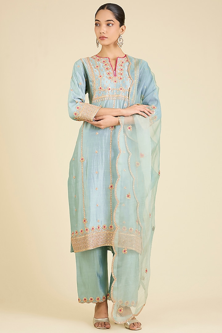 Sea Blue Spun Silk Embroidered Kurta Set by SURBHI SHAH at Pernia's Pop Up Shop