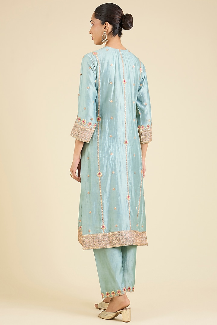Sea Blue Spun Silk Embroidered Kurta Set by SURBHI SHAH at Pernia's Pop Up Shop