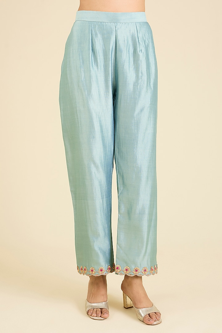 Sea Blue Spun Silk Embroidered Kurta Set by SURBHI SHAH at Pernia's Pop Up Shop