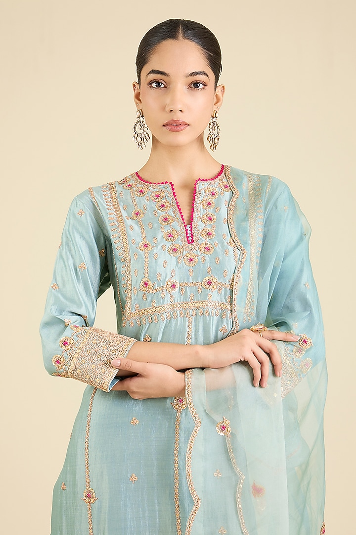 Sea Blue Spun Silk Embroidered Kurta Set by SURBHI SHAH at Pernia's Pop Up Shop