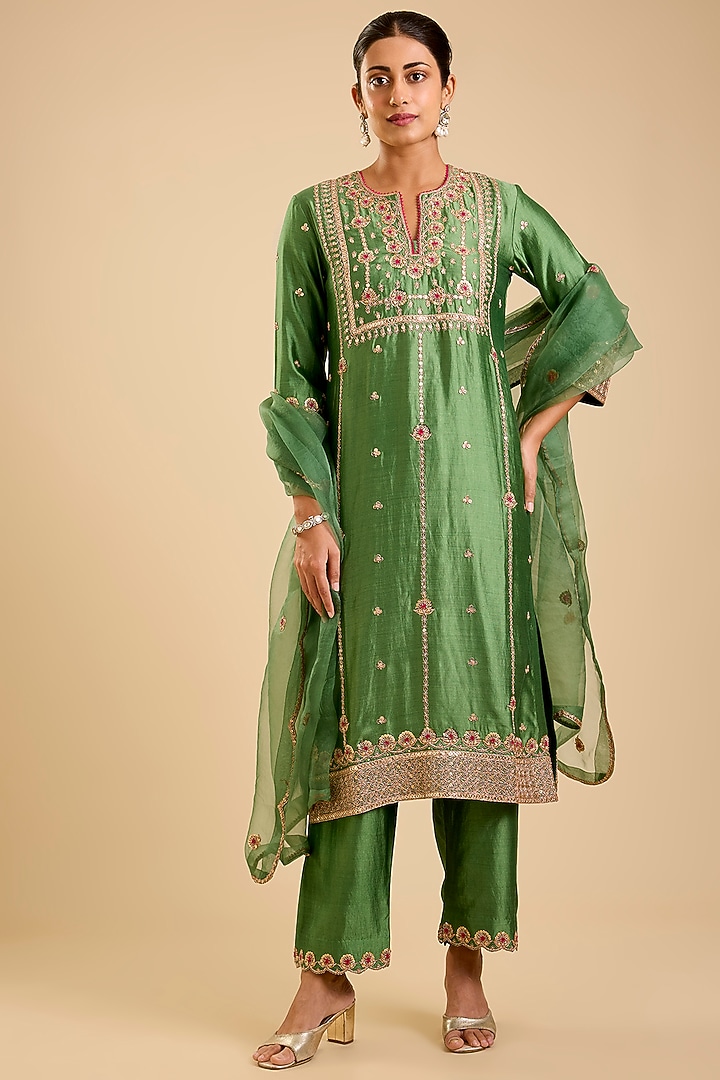 Sage Green Spun Silk Resham Embroidered Kurta Set by SURBHI SHAH at Pernia's Pop Up Shop