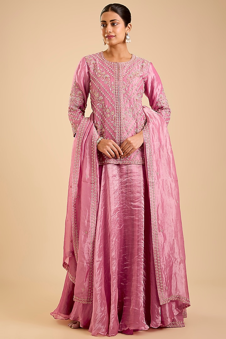Pink Tissue Aari & Zardosi Embroidered Skirt Set by SURBHI SHAH at Pernia's Pop Up Shop