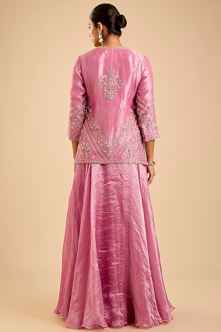 Pink Tissue Aari & Zardosi Embroidered Skirt Set by SURBHI SHAH at Pernia's Pop Up Shop