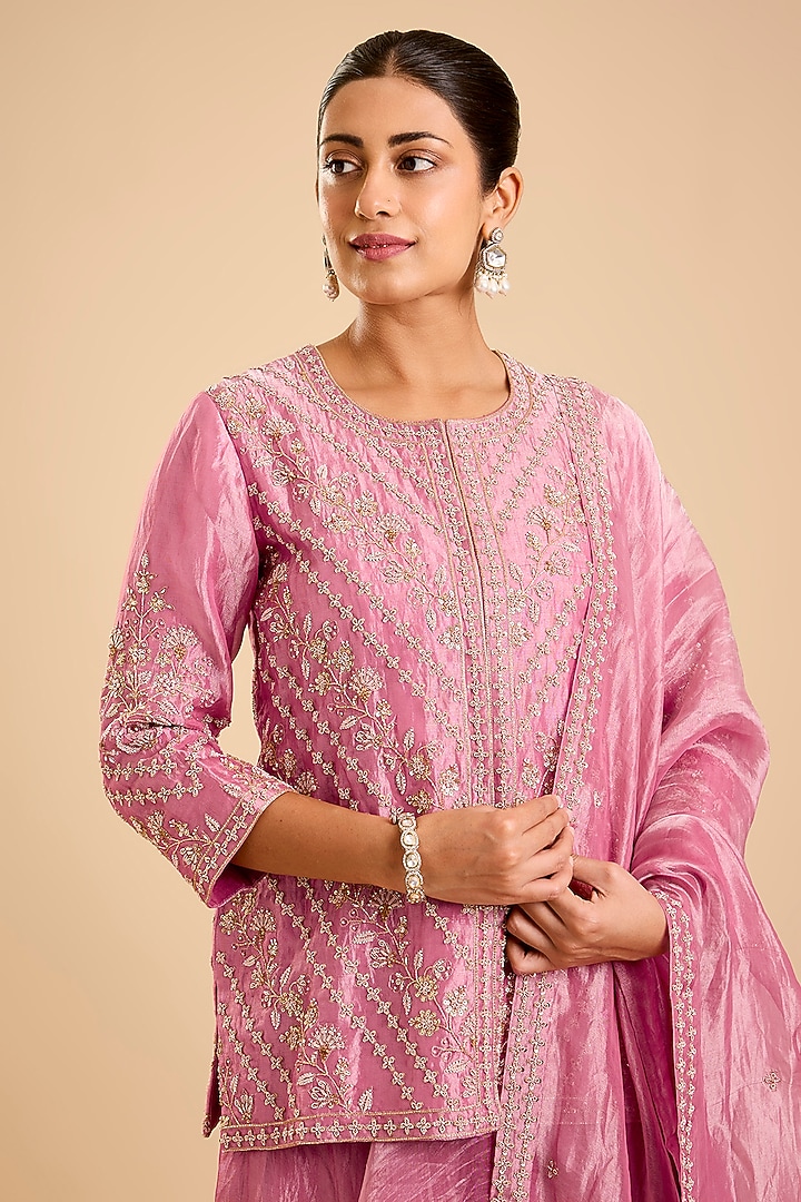 Pink Tissue Aari & Zardosi Embroidered Skirt Set by SURBHI SHAH at Pernia's Pop Up Shop