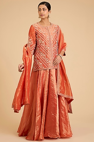 Orange Tissue Skirt Set by SURBHI SHAH