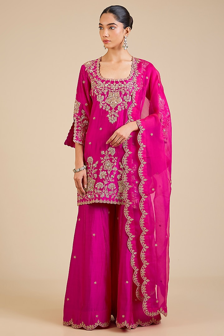 Desi Red Spun Silk Marori & Mukaish Embroidered Wedding Sharara Set by Surbhi Shah at Pernia's Pop Up Shop