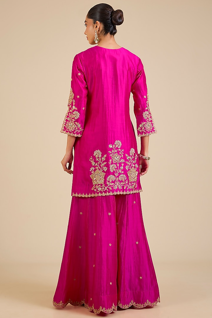 Desi Red Spun Silk Marori & Mukaish Embroidered Wedding Sharara Set by Surbhi Shah at Pernia's Pop Up Shop