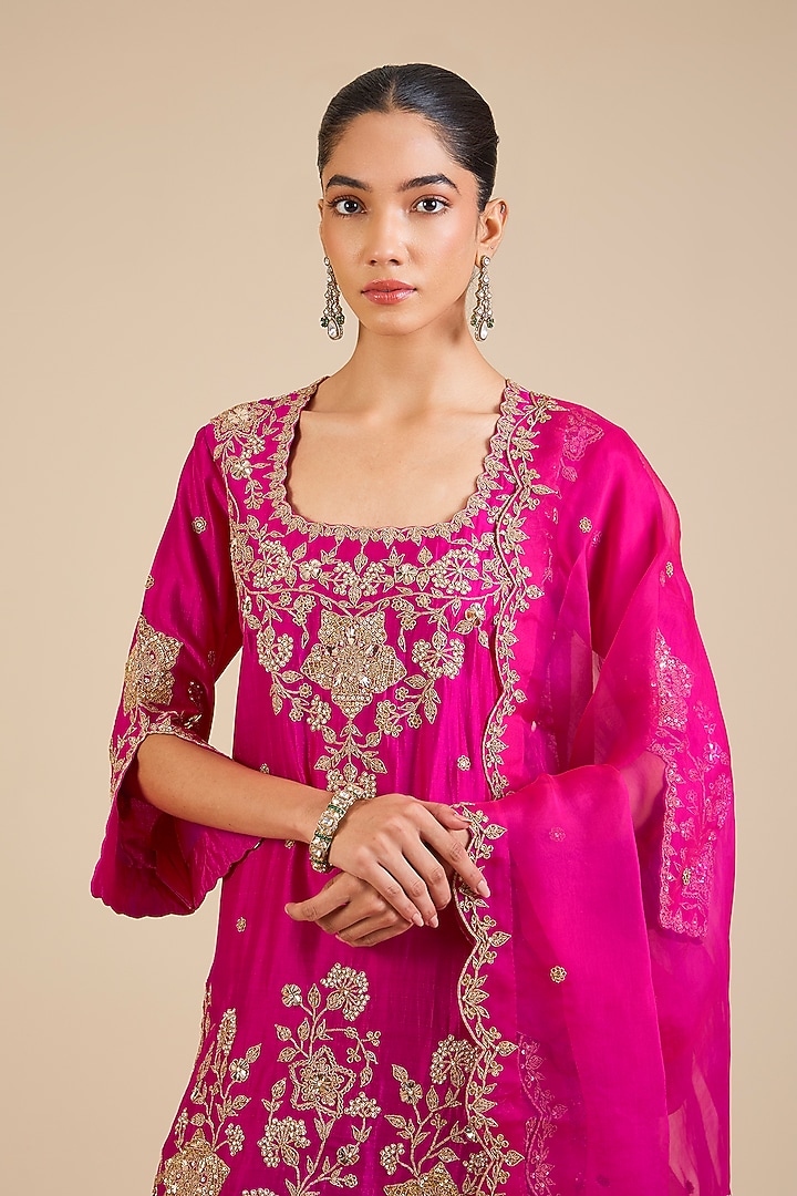 Desi Red Spun Silk Marori & Mukaish Embroidered Wedding Sharara Set by Surbhi Shah at Pernia's Pop Up Shop