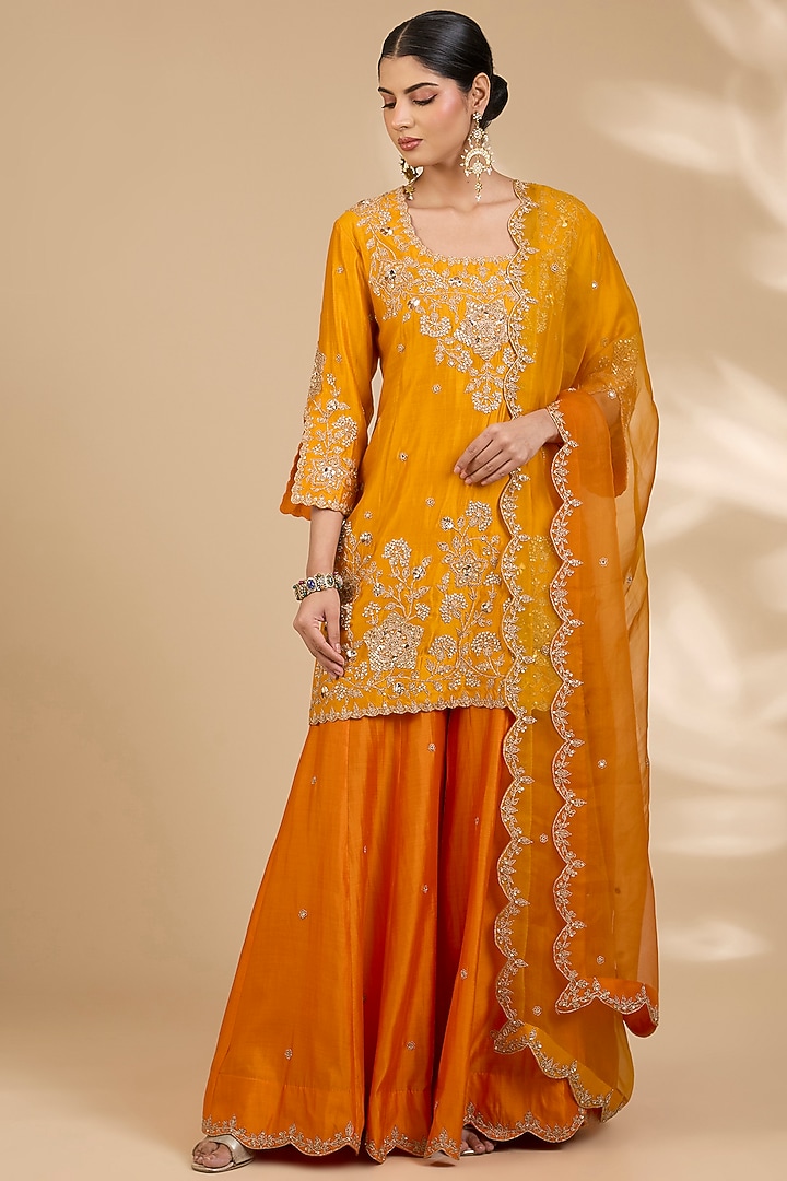 Orange Spun Silk Wedding Sharara Set by SURBHI SHAH at Pernia's Pop Up Shop