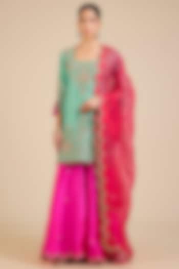 Multicoloured Spun Silk Marori & Mukaish Embroidered Wedding Sharara Set by Surbhi Shah at Pernia's Pop Up Shop