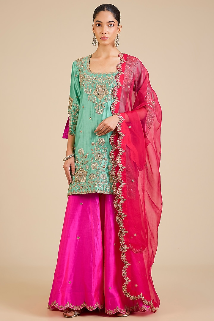 Multicoloured Spun Silk Marori & Mukaish Embroidered Wedding Sharara Set by Surbhi Shah at Pernia's Pop Up Shop