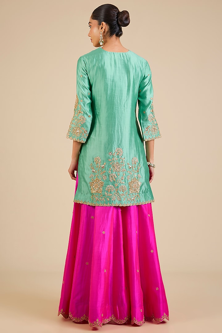 Multicoloured Spun Silk Marori & Mukaish Embroidered Wedding Sharara Set by Surbhi Shah at Pernia's Pop Up Shop