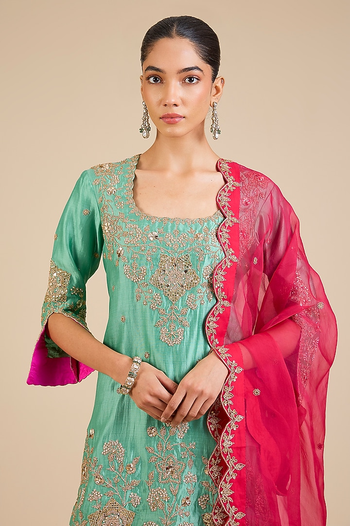 Multicoloured Spun Silk Marori & Mukaish Embroidered Wedding Sharara Set by Surbhi Shah at Pernia's Pop Up Shop