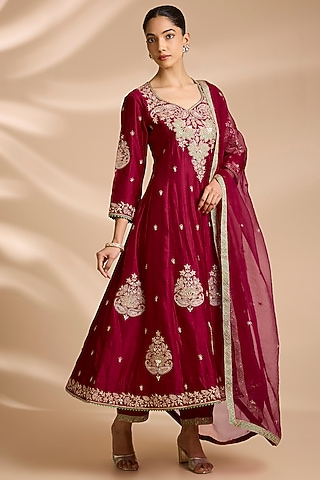 Maroon Spun Silk Marori Embroidered Anarkali Set by Surbhi Shah