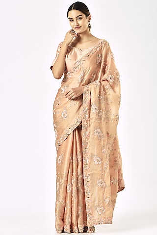 Powder Peach Embroidered Saree Set by SURBHI SHAH