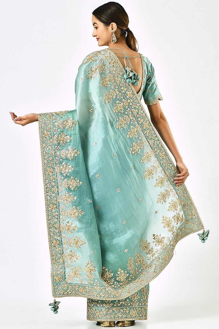 Sea Blue Organza Embroidered Reception Saree Set by SURBHI SHAH at Pernia's Pop Up Shop