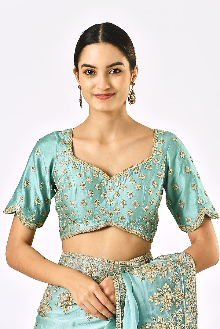 Sea Blue Organza Embroidered Reception Saree Set by SURBHI SHAH at Pernia's Pop Up Shop