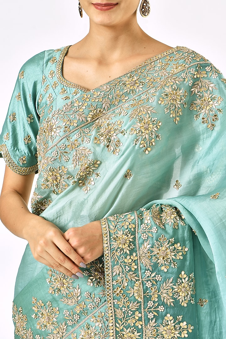 Sea Blue Organza Embroidered Reception Saree Set by SURBHI SHAH at Pernia's Pop Up Shop