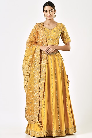 Yellow Embroidered Lehenga Set by SURBHI SHAH