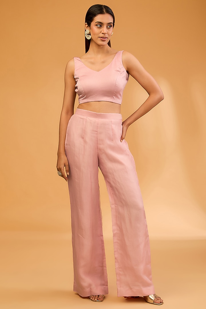 Pink Bemberg Satin Bell-Bottom Pant Set by SURBHI SHAH at Pernia's Pop Up Shop