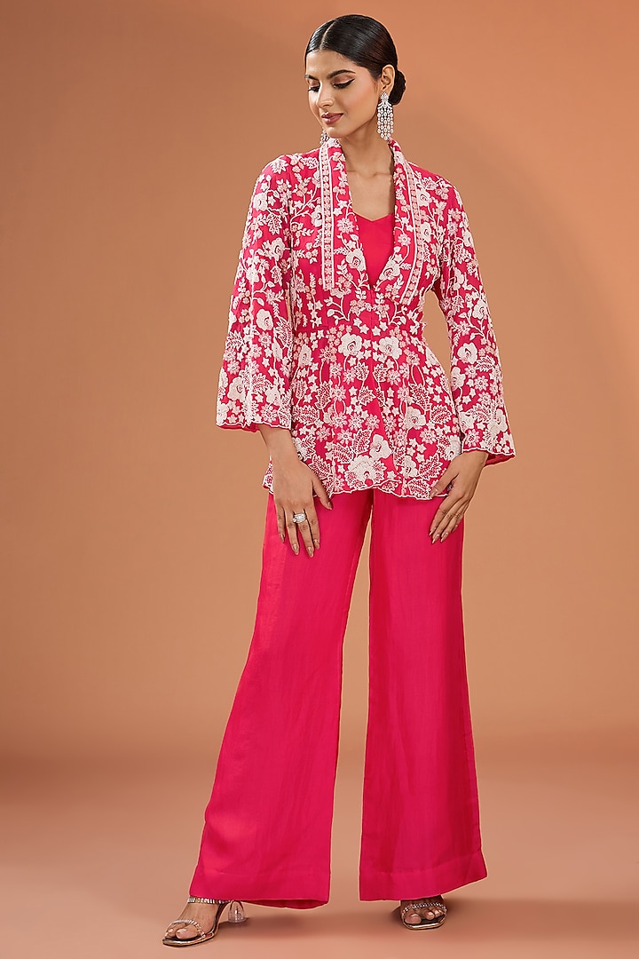 Red Bemberg Satin Bell-Bottom Pant Set by SURBHI SHAH at Pernia's Pop Up Shop