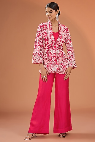 Red Bemberg Satin Bell-Bottom Pant Set by SURBHI SHAH