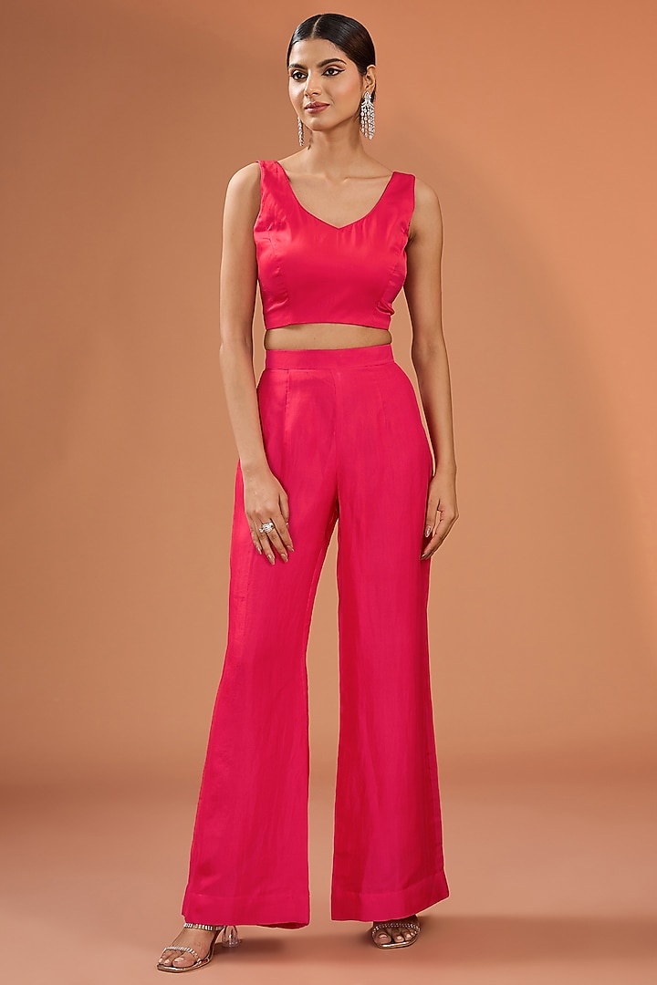 Red Bemberg Satin Bell-Bottom Pant Set by SURBHI SHAH at Pernia's Pop Up Shop
