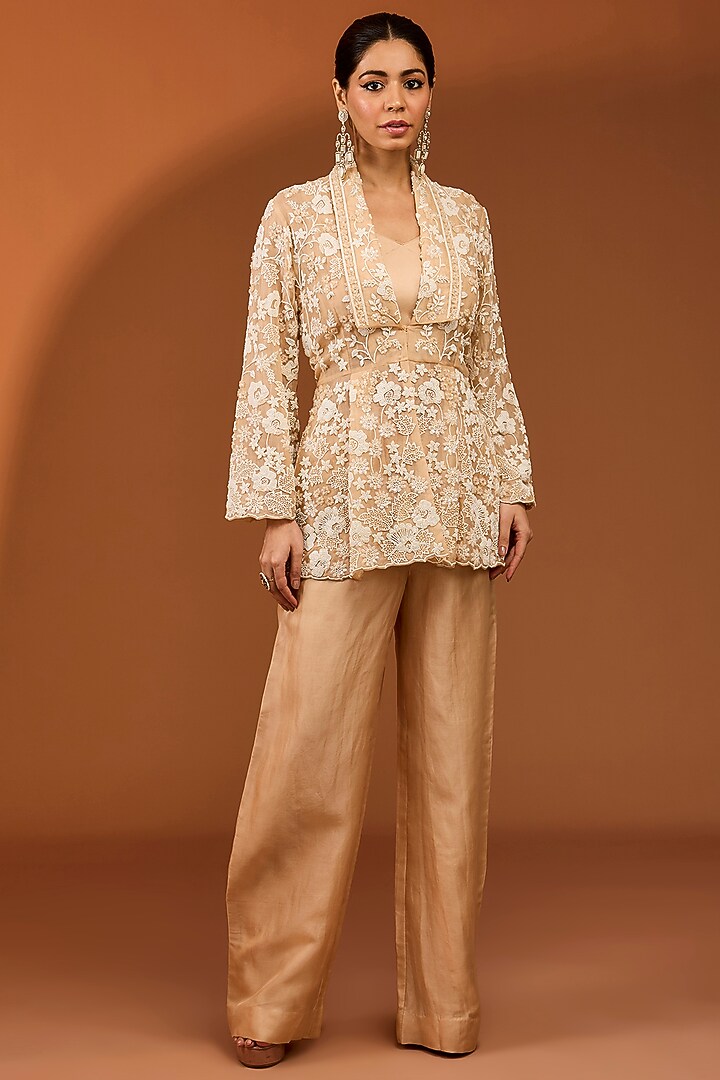 Champagne Gold Bemberg Satin Bell-Bottom Pant Set by SURBHI SHAH at Pernia's Pop Up Shop