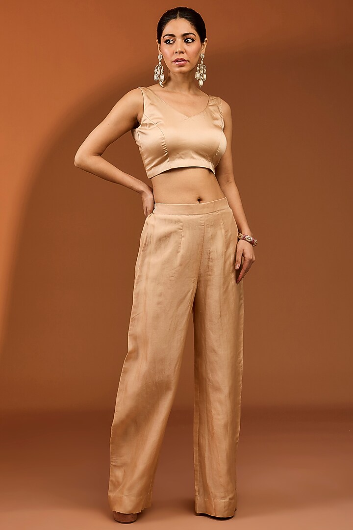 Champagne Gold Bemberg Satin Bell-Bottom Pant Set by SURBHI SHAH at Pernia's Pop Up Shop