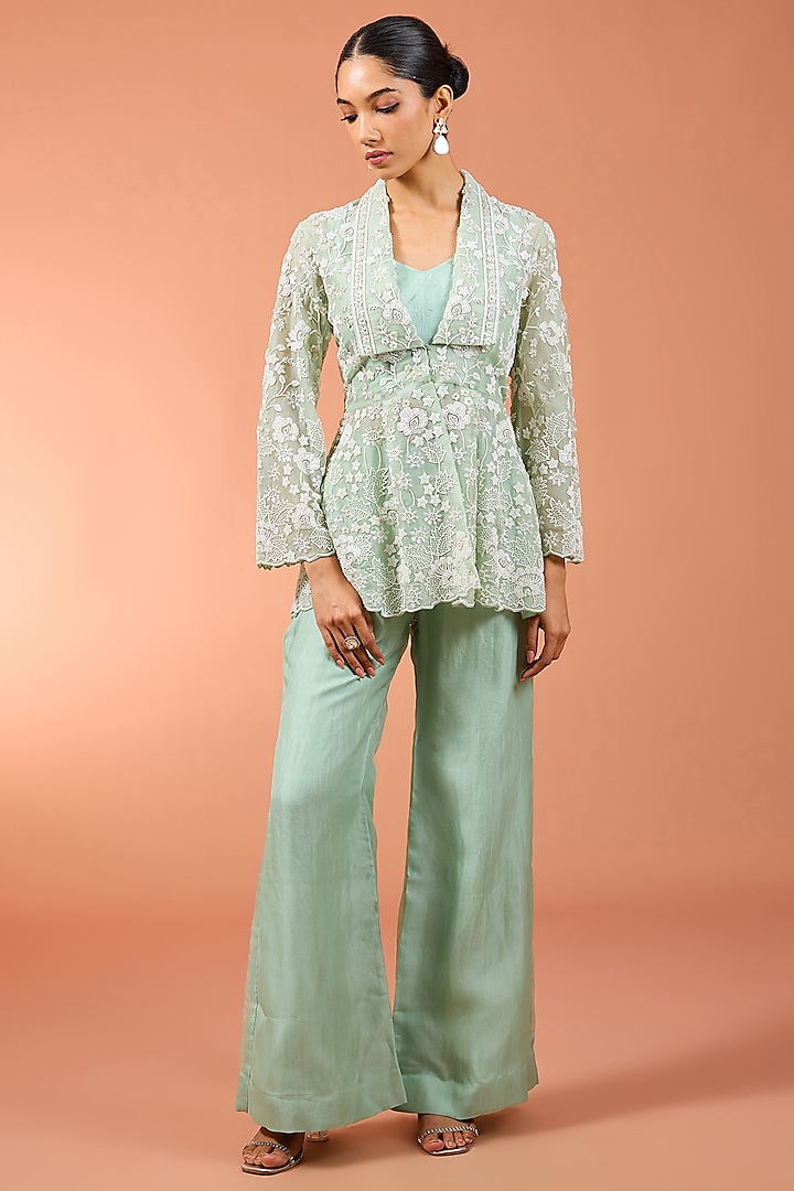 Mint Green Bemberg Satin Bell-Bottom Pant Set by SURBHI SHAH